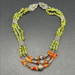 VTG Peridot Green Amber Orange Beaded Necklace Sterling Silver Clasp